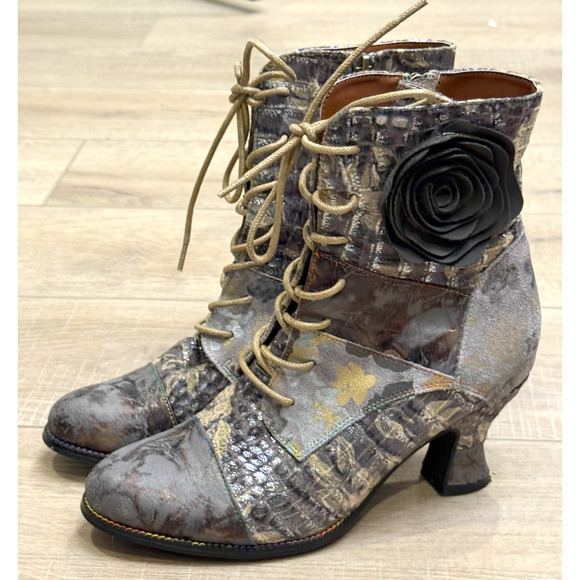 NEW L'ARTISTE SPRING STEP GRAY FLORAL PATCHWORK ANKLE BOOTS BOOTIES 38 US 7.5 8 - Picture 8 of 13